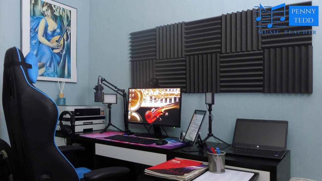 Online hardware for Penny Tedd. Cello, piano, and trumpet on-screen, and music on tablet.